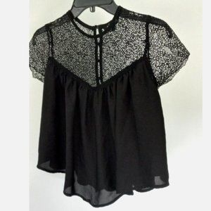 Pullover Crop Blouse Black Lace Sweetheart Short Sleeve Sz S Funky Soul EUC